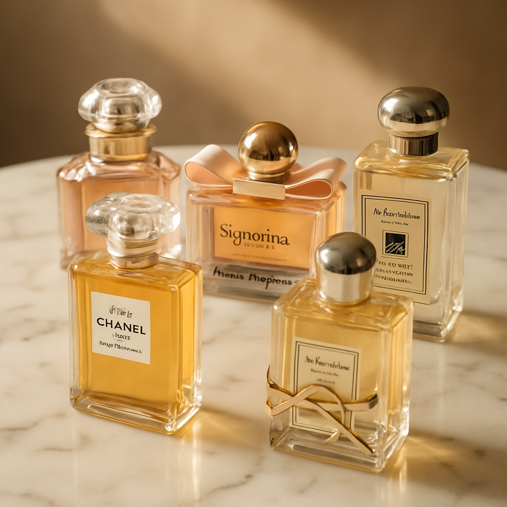 A selection of luxury perfumes displayed elegantly